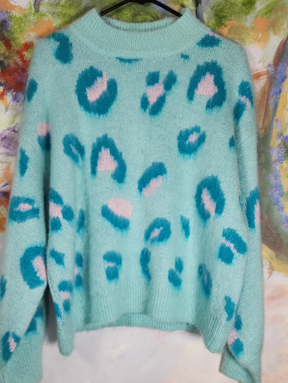 Blue And Pink Soft And Fuzzy Leopard Print Crewneck Sweater